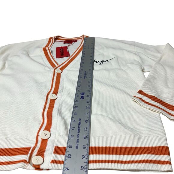 Hugo Boss Cardigan Mens Large Cream Wool Blend V-Neck Striped Preppy Ivy Varsity - Picture 2 of 12